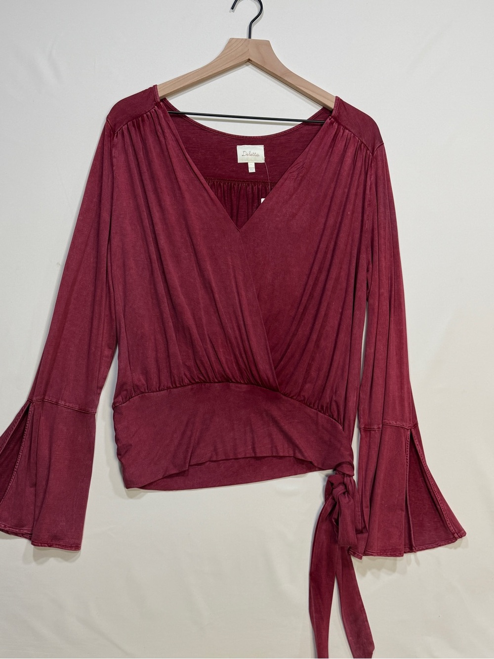 Anthropologie Deletta Wrap Top Burgundy Bell Sleeve Size L NWT